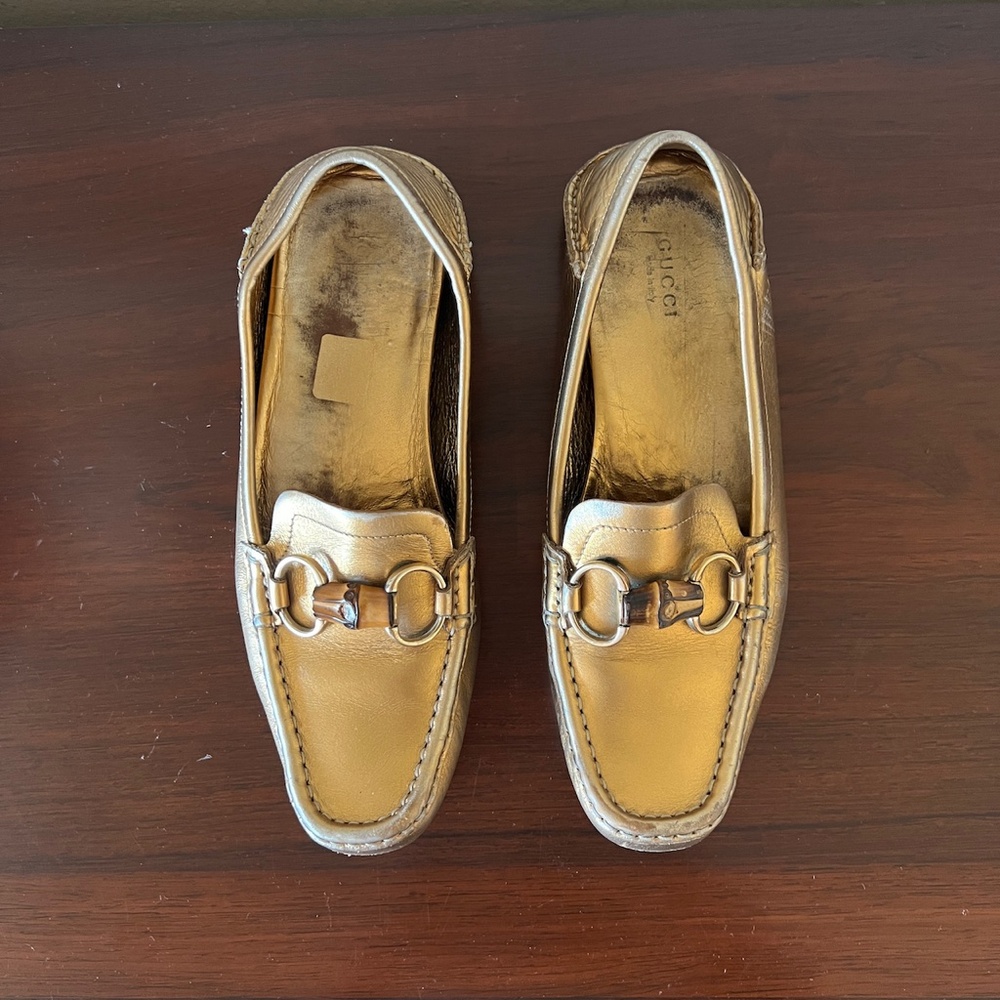 vintage Gucci bamboo gold metallic leather driving moccasins 8
